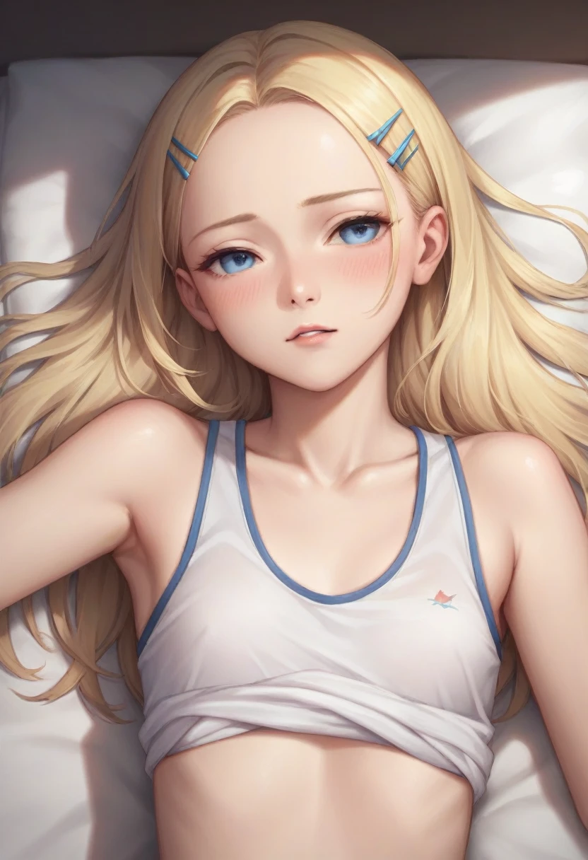 (best quality, highres,masterpiece,illustration),realistic,straight hair,blonde hair,long hair,(forehead:1.1),hair clip,blue eyes,(half close eyes:0.8),blush,lying,(flat chest:0.1),(breasts:0.8),missionary,(in gym:1.1),(upper body shot:1.1)