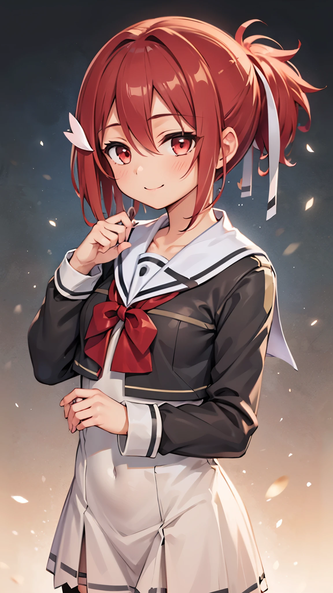 Yuuki_Yuna, 1girl, solo, smile,hair ornament,red eyes, thighhighs, long sleeves,flat chested,small breasts,school uniform,dress,bow,red ribbon, hair between eyes,White hair ribbon,red hair, black thighhighs, clothes lift, side ponytail,smile,((upper body)),