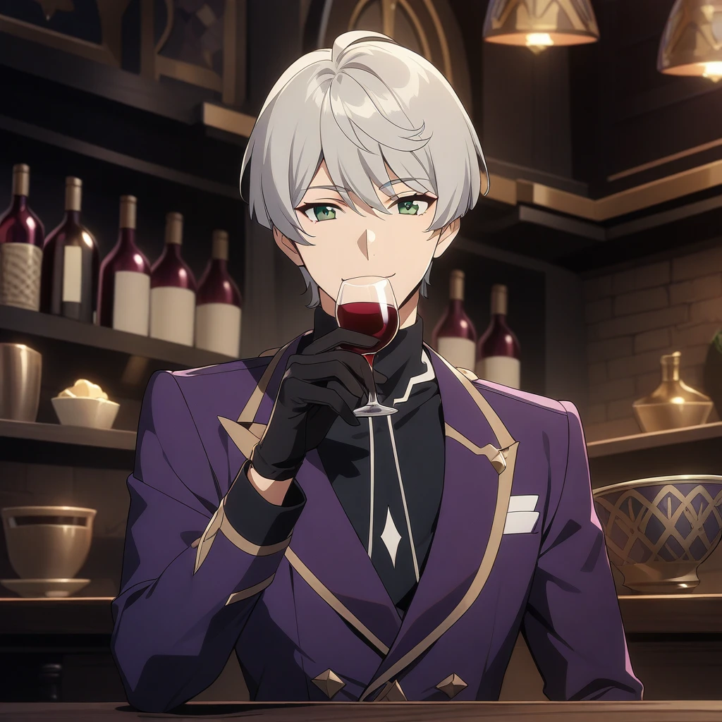 wise from zenless zone zero, 1boy, drinking wine, light grey hair, souma shiki hair, dark green eyes, shoulder length hair, bowl cut hair , handsome face, purple suit, black gloves, bar background, upper body, decorative, masterpiece, high quality, hd, 4k, upper body, genshin artstyle, smiling