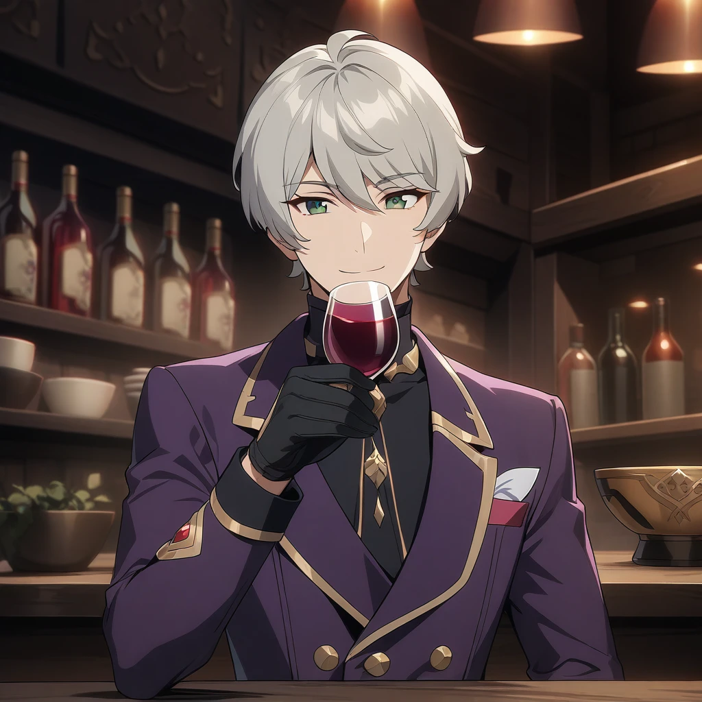 wise from zenless zone zero, 1boy, drinking wine, light grey hair, souma shiki hair, dark green eyes, shoulder length hair, bowl cut hair , handsome face, purple suit, black gloves, bar background, upper body, decorative, masterpiece, high quality, hd, 4k, upper body, genshin artstyle, smiling