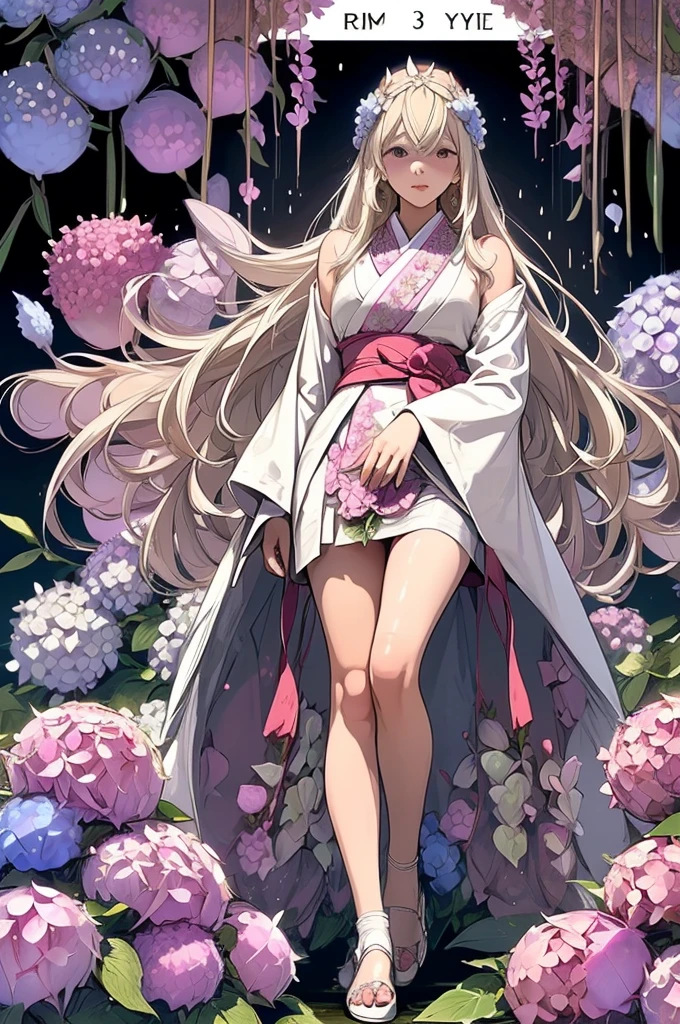 whole body, Long blonde hair, (Hydrangea illustration:1.5), White see-through kimono、kimono,(((nsfw)))(((naked)))　White high heels　She lifts up her transparent skirt to reveal her crotch(((5 years old)))infant　She opens her blouse to reveal her breasts　tall　Lift one leg up　(((Urinating)))Leg spread　pussy,spread legs,girl,naked,(((open pussy)))((rain))