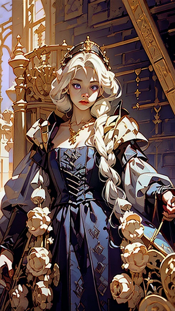 Beautiful albino woman with detailed braided medieval hairstyle (updo) (white hair) standing aggressively,wearing detailed medieval riding clothes (red and black colours), with gold accessories and gold tiara, medieval queen, medieval woman,queen,game of thrones style,daenerys targaryen style, high quality, very detailed,hd quality, masterpiece ((purple eyes))