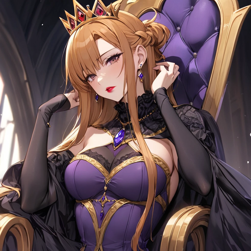 ((Highest quality)), ((masterpiece)), (detailed), （Perfect Face）、The woman is the evil queen Grimhild, Yuki Asuna, with bright brown hair in a semi-long style, wearing lipstick, thick eyeshadow, and heavy makeup.、The woman is dressed as an evil queen, wearing a black Victorian dress with luxurious gold embroidery and trim, a black cowl fitted over her face, luxurious earrings, adorned with lavish accessories, and a magnificent golden crown. She is a beautiful and evil queen, standing and reigning in front of a magnificent throne. She possesses majesty, elegance, and grace, with a stunning figure and a captivatingly alluring beauty, making her an absolutely stunning woman.、The woman has Snow White as her wife and keeps her by her side.