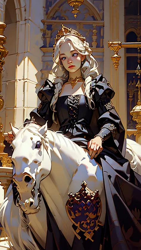 beautiful albino woman with detailed braided medieval hairstyle (updo) (white hair) sitting on horse,wearing detailed medieval r...