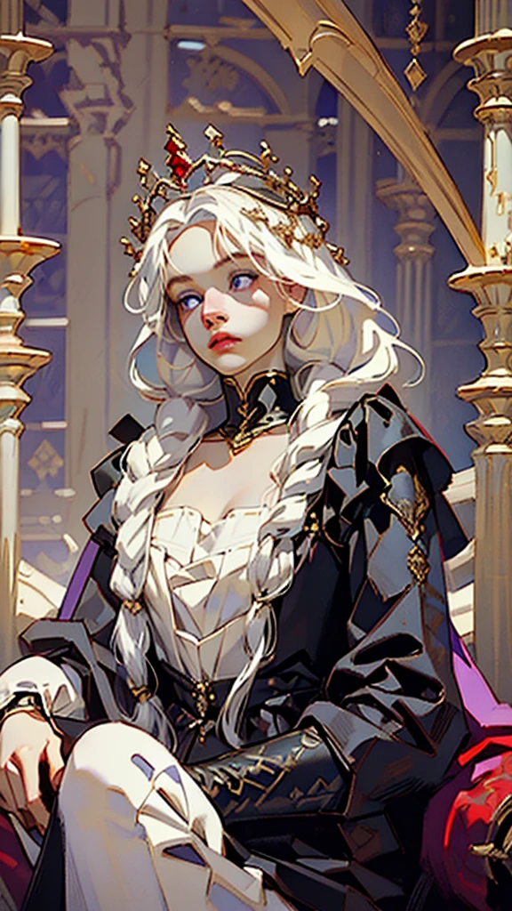 Beautiful albino woman with detailed braided medieval hairstyle (updo) (white hair) sitting on horse,wearing detailed medieval riding clothes (red and black colours), with gold accessories and gold tiara, medieval queen, medieval woman,queen,game of thrones style,daenerys targaryen style, high quality, very detailed,hd quality, masterpiece ((purple eyes))