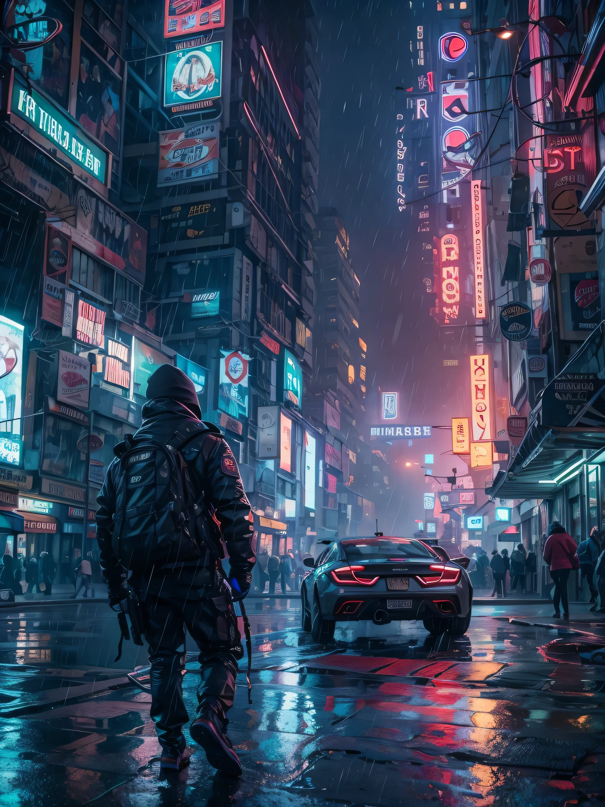 (((Masterpiece))),high resolution,realistic details,sharp focus, hyper-realistic landscape photo of a dystopian New York City set in the year 2527, cyberpunk. The cityscape should feature futuristic skyscrapers going through the clouds with sharp details, illuminated by vibrant neon lights and holograms. Capture the scene from a street-level perspective during a dark and rainy night. The atmosphere should convey a bustling yet ominous mood, highlighting the contrast between the dystopian environment and advanced technology, super futuristic cars, flying cars.(Very detailed: 1.3),4k