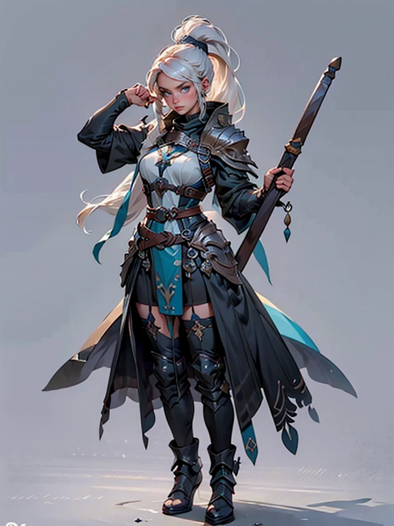 (((masterpiece, Best quality, high detail, 8 K))) Develop a layout of a game character's showcase, (masterpiece, Best quality) detailed, ((masterpiece)),(((Best quality))), character design, The main character in the Scandinavian Nordic theme. shaman, woman. interesting weapon, next to the character is a guardian spirit, shaman, unusual staff, dynamic pose, Details of the image. Interesting, full length, персонаж shaman, дух рядом с shamanом