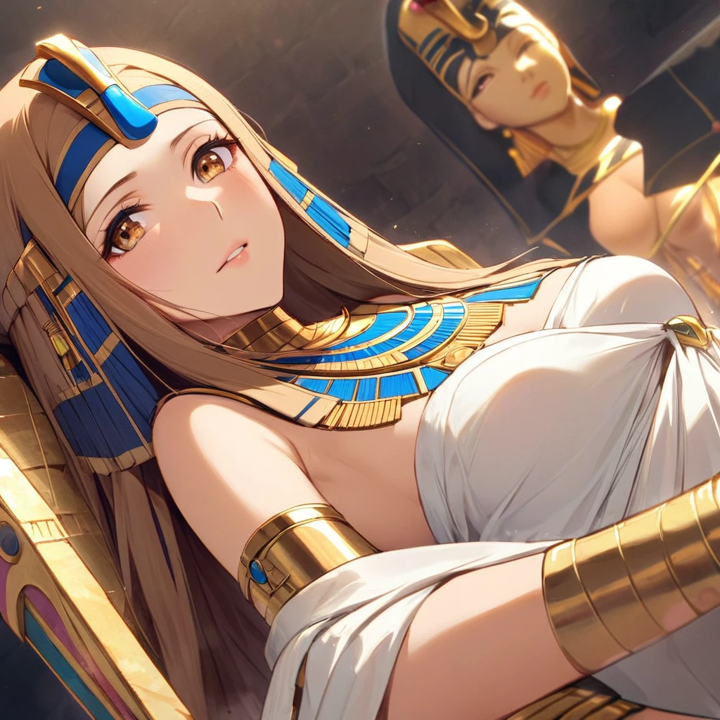 ((Highest quality)), ((masterpiece)), (detailed), （Perfect Face）、The woman is wearing the golden mask of Tutankhamun、The woman with the face of Tutankhamun in ancient Egypt is Asuna Yuuki with bright brown hair, semi-long hair, and a magnificent Tutankhamun face wearing a Tutankhamun hat. Her face is completely Tutankhamun and she is wearing clothes like Cleopatra.、The woman is dressed as Tutankhamun of ancient Egypt.、A woman sits on an ancient Egyptian throne and reigns with the golden face of Tutankhamun