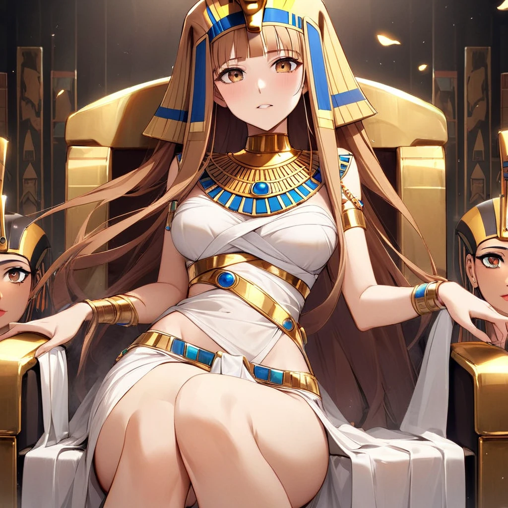 ((Highest quality)), ((masterpiece)), (detailed), （Perfect Face）、The woman is wearing the golden mask of Tutankhamun、The woman with the face of Tutankhamun in ancient Egypt is Asuna Yuuki with bright brown hair, semi-long hair, and a magnificent Tutankhamun face wearing a Tutankhamun hat. Her face is completely Tutankhamun and she is wearing clothes like Cleopatra.、The woman is dressed as Tutankhamun of ancient Egypt.、A woman sits on an ancient Egyptian throne and reigns with the golden face of Tutankhamun