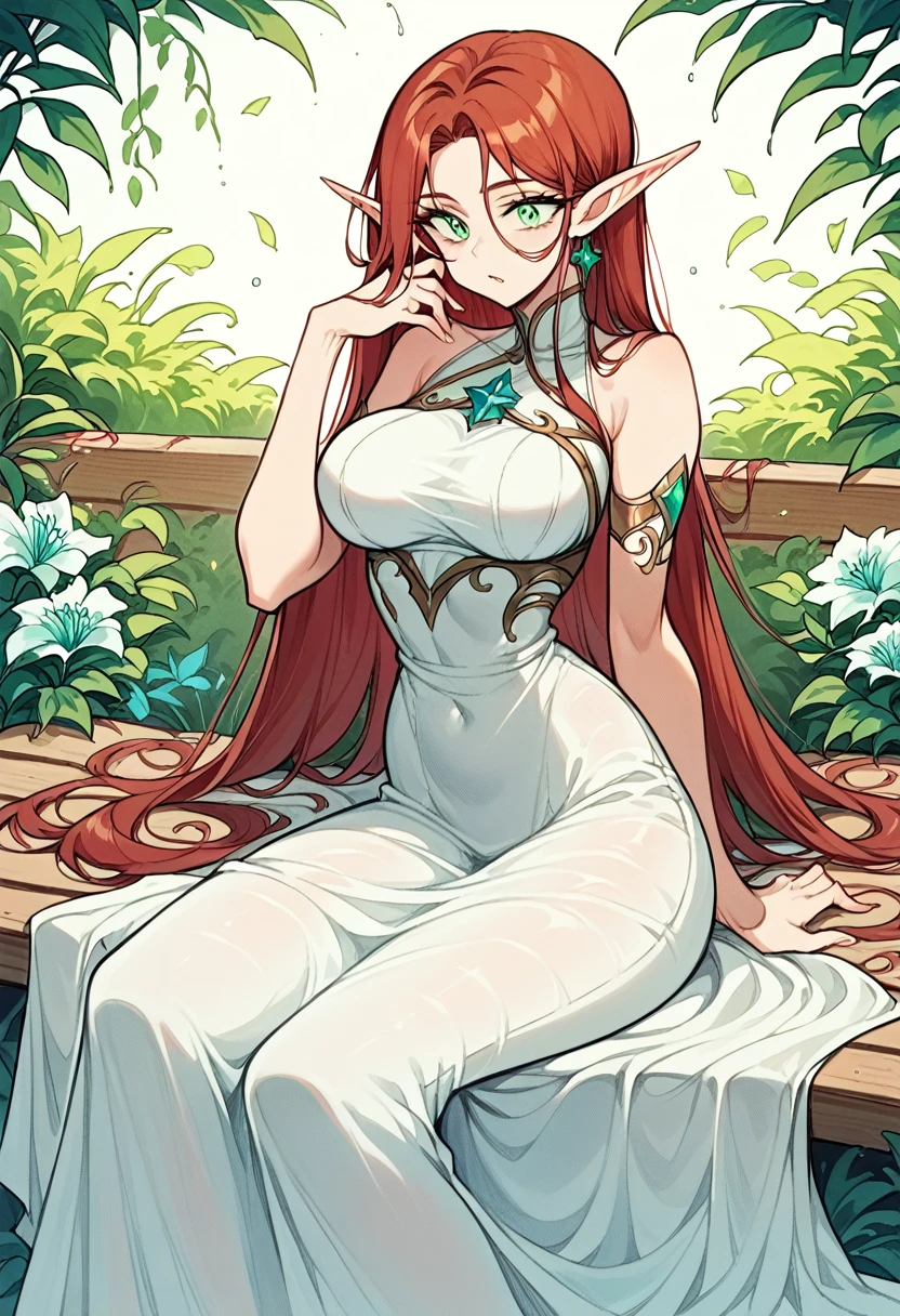 The most beautiful young elf with very long auburn hair and aquamarine green eyes wearing a white princess dress sit on the luxurious garden bench and shows off her  medium round breasts. nsfw