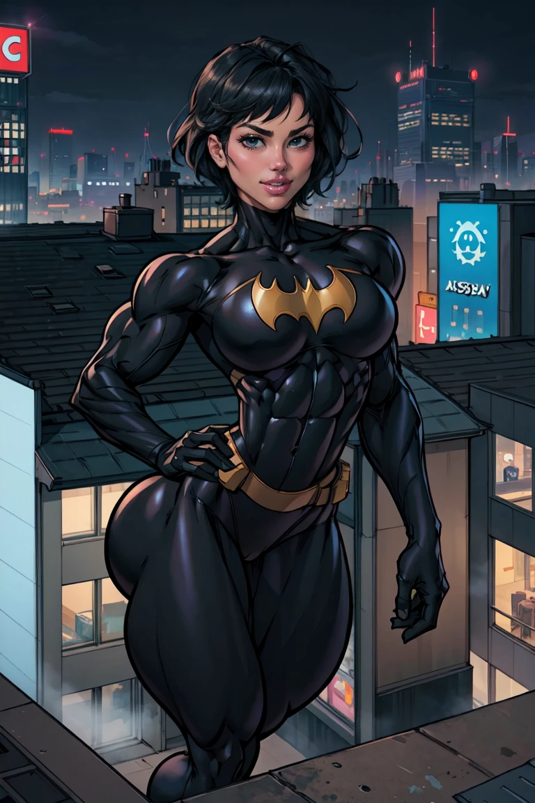 (masterpiece, best quality),1girl, solo, cassandra cain, batgirl suit, black pants, black hair, brown eyes, smile, body suit,
akihabara city, of the dead,  night,  from above, STANDING rooftop, neon sign, game center,(masterpiece:1.2), (best quality:1.2), perfect eyes, perfect face, volumetric lighting, abs, (muscular, wide hips, thick thighs, small breasts:1.3), (upper body view), three quarter view, close up