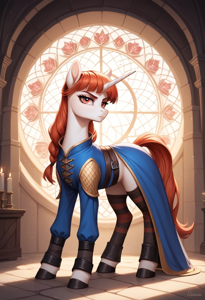 Pony Unicorn. A serious face. Darkness. Beautiful. The hair is wrapped in an interesting knot. Tall and slender. Magic. Unusual colors. Patterns on the body. Strange eyes. Medieval clothes,Best quality, ultra-high resolution, smiles, foot body, compose.