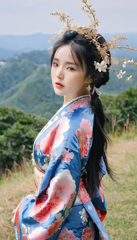 long hair、breast、bangs、大breast、black hair、hair accessories、long sleeve、2girls、cleavage、中等breast、close eyes、flowers、outdoor、japan...