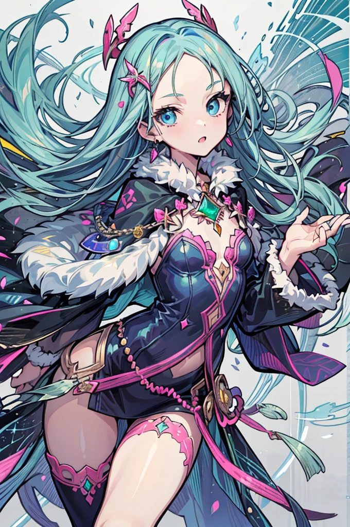 1girl, solo, looking at viewer, cowboy shot, standing, flat pectus, long hair, bangs, (forehead jewelry), hair ornament, (white background), jewelry, (blue eyes), jewelry earrings, ((emerald hair)), particles, jewelry ornament, magician, long-sleeves, cape, fur trim, (masterpiece), (best quality), (ultra-detailed), (illustration:1.2), (perfect hands:1.4, two legs), perfectly structured, natural proportions, extremely detailed beautiful anime face, 