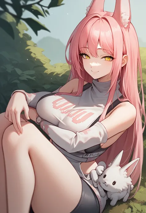 score_9, score_8_up, score_7_up, source_anime break 1girl, solo, wide hips, smile, leona, pink hair, long hair, animal ears, yel...