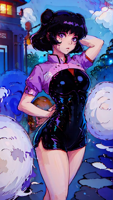 shampoo ranma 1/2, sexy, fitness, muscular, thick thighs, thin waist, large hips, small breasts, purple hair, traditional chines...