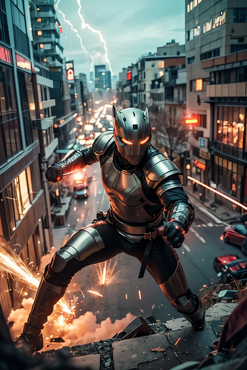 Generate an image of a futuristic warrior in a dynamic fight scene on a suspended bridge between two towering skyscrapers in a dystopian city. The warrior is clad in metallic armor with neon accents, caught in an intense action pose, one arm blocking an attack, and the other poised to strike back. The perspective should emphasize depth, with the bridge extending into the background and the city ruins far below. In the foreground, add debris and sparks to enhance the sense of motion. The image should convey a powerful sense of movement, with a strong 3D effect created by the interaction between the character, the background, and foreground elements