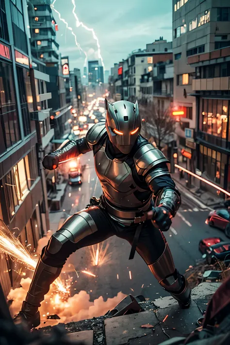 generate an image of a futuristic warrior in a dynamic fight scene on a suspended bridge between two towering skyscrapers in a d...