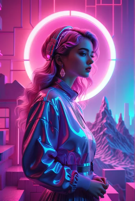 a beautiful detailed girl in a dreamlike vaporwave landscape, colorful neon lights, glowing futuristic elements, intricate geome...