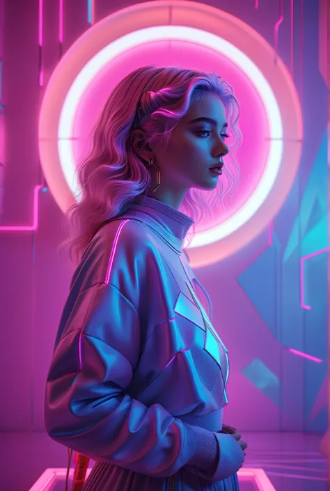 a beautiful detailed girl in a dreamlike vaporwave landscape, colorful neon lights, glowing futuristic elements, intricate geome...