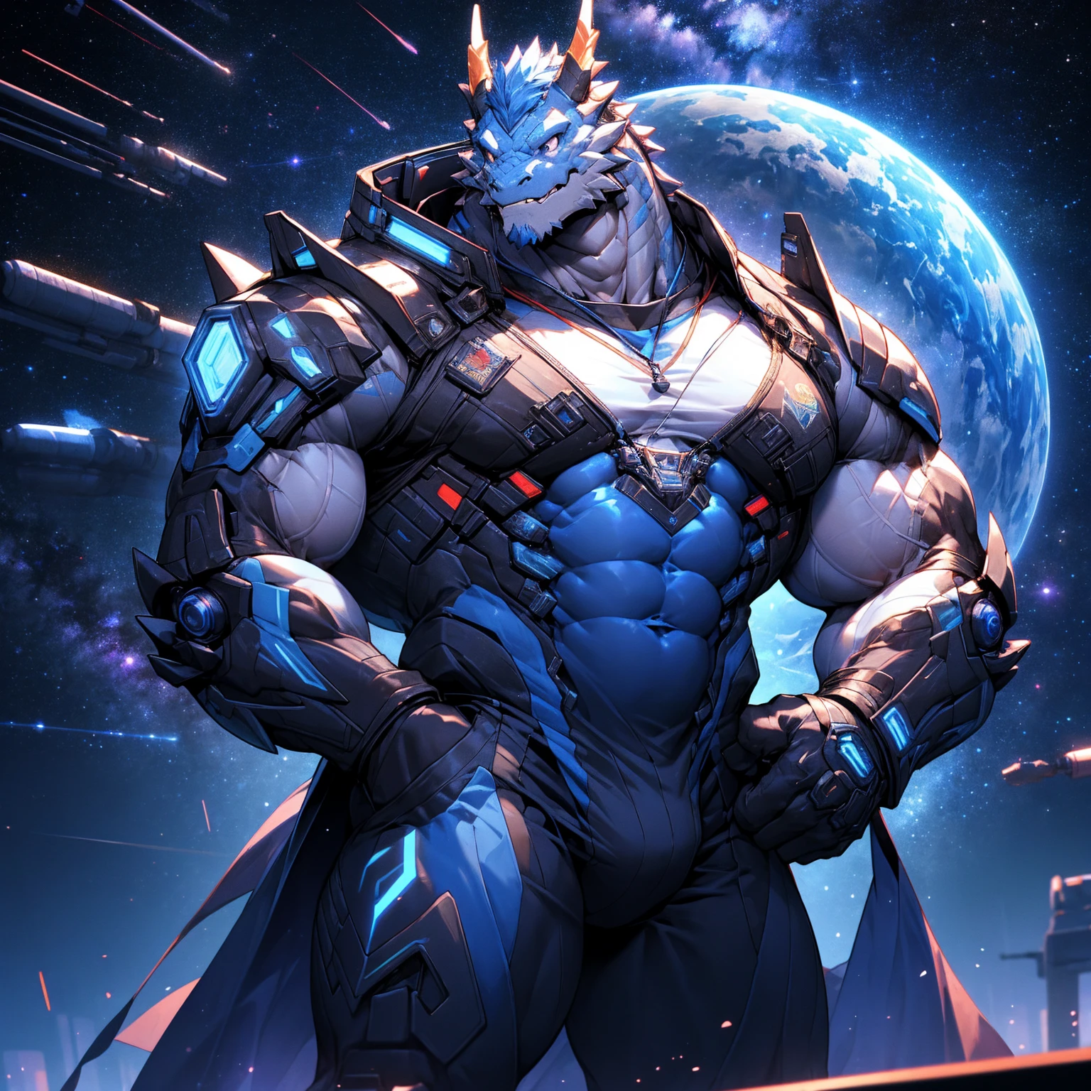 Muscular white dragon,Masculinity, Pectoralis major, Heavyweight, Bodybuilder figure, Wearing cyberpunk mechs, Dress, Crotch bulge, View of the Milky Way from a spacecraft, In the Universe, Bright smile emoticon, sparkling skin, Vibrant colors, 4K, realism, Cool lighting