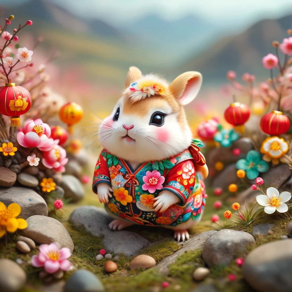 tilt-shift photo of . selective focus, miniature effect, blurred background, highly detailed, vibrant, perspective control, natural Tilt Shot (Whimsically artistic) , adorable extra (fluffy: 1.3) chubby miniature pika wearing an ral-springfestival outfit, dry grassland, tiny rocks, magical, macro photography, (enchanting:1.3), (luminous:1.2), (oversized flora:1.1), mystical, vibrant photography, shimmering light, dreamy, whimsical, serene, soft-focus, hyper-detailed digital art, ral-springfestival 