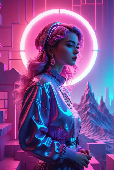 a beautiful detailed girl in a dreamlike vaporwave landscape, colorful neon lights, glowing futuristic elements, intricate geome...