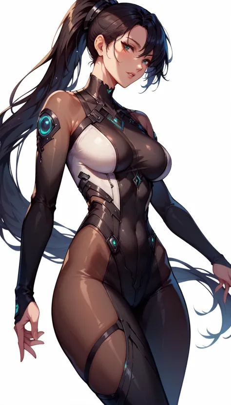 one anime girl, eve, black long ponytail, bodysuit, thick thighs, sexy pose white background