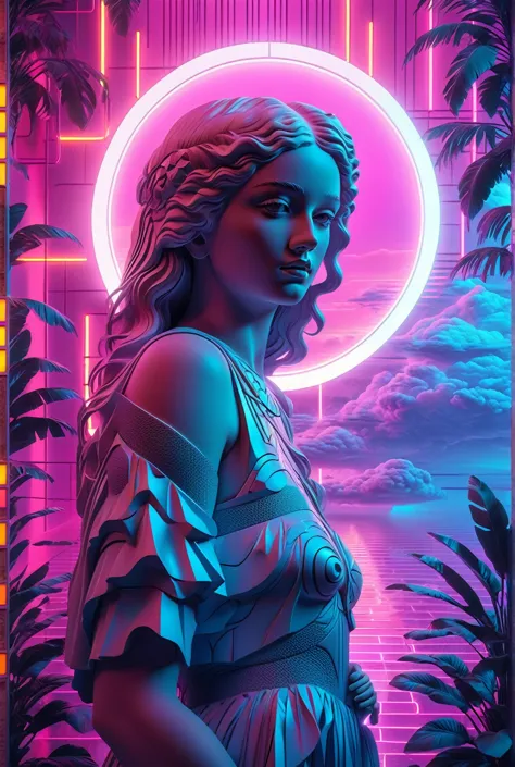 a beautiful detailed girl in a dreamlike vaporwave landscape, colorful neon lights, glowing futuristic elements, intricate geome...