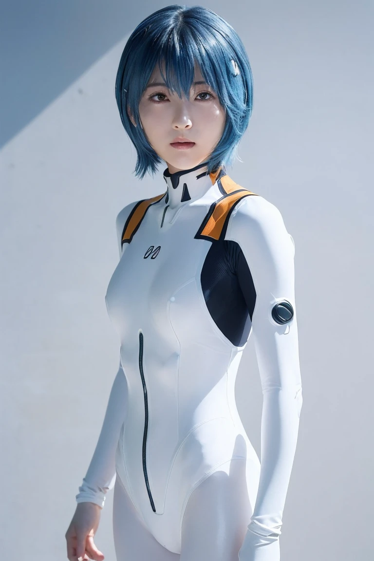 ((One Girl:1.4)),(masterpiece, Highest quality), ayanami,Plug Suit, Bodysuits, Interface Headset, white Bodysuits, Are standing,((Looking into the camera)),Blue Hair、Berry Short、