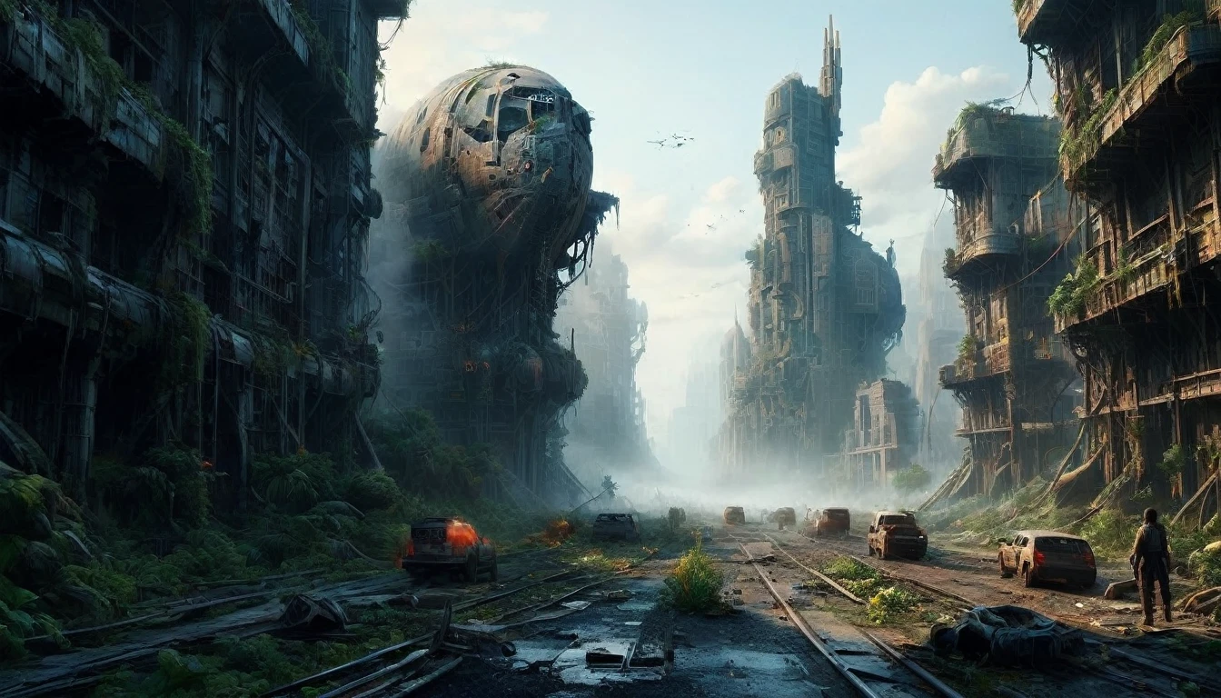 A vivid and detailed description of a dystopian sci-fi landscape featuring a vast, ruined vertical metropolis. The cityscape should contain magnificent, crumbling stone buildings of intricate design. Including a vast vertical cityscape, it appears to be a mixture of ancient and futuristic elements. It also describes the abandoned technology scattered throughout the city, such as tangled wires and huge, broken computers. Finally, it conveys a sense of despair and desolation through words, creating a sense of desolation and grandeur. The language should be rich, descriptive, and stimulating.