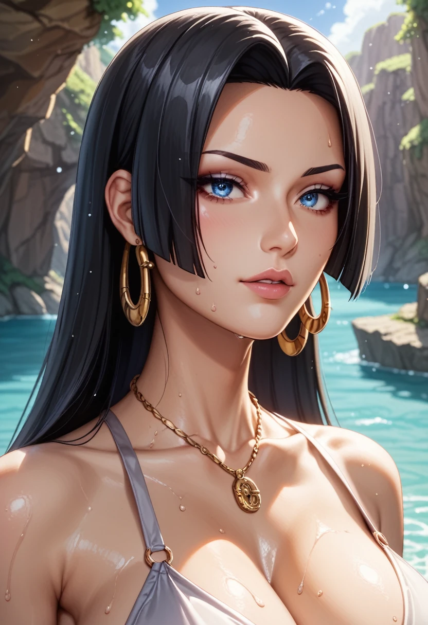 （（（完美shape，shape，alone， （（（Calvin Klein gray underwear、necklace、Snake piercing））），（（（sauce_anime, Boa Hancock, Black Hair, blue eyes, Long Hair,、 amount, Large Breasts））），（（masterpiece））、High resolution。 （（Best quality at best）），masterpiece，quality，Best quality，（（（Perfect looks、Detailed face、Detailed eyes、Exquisite facial features，Looking away、There is light in the eyes，（（（shame、Sweating profusely、Numerous water droplets all over the body、I&#39;m embarrassed and my face is red、Ahegao））），））），型shape:1.7））），（（（Cinematic lighting、Huge breasts））），（（（Top view，Cowboy Shot、The background is a single pastel color）））、(nsfw:1.7）、There is a in the panties、My body is trembling、Blue electric effect
