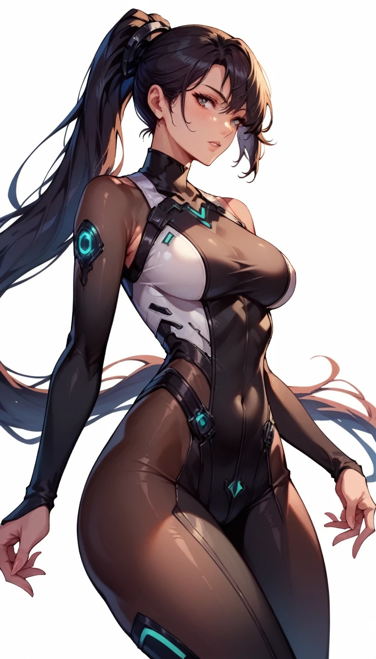 one anime girl, eve, black long ponytail, bodysuit, thick thighs, sexy pose white background