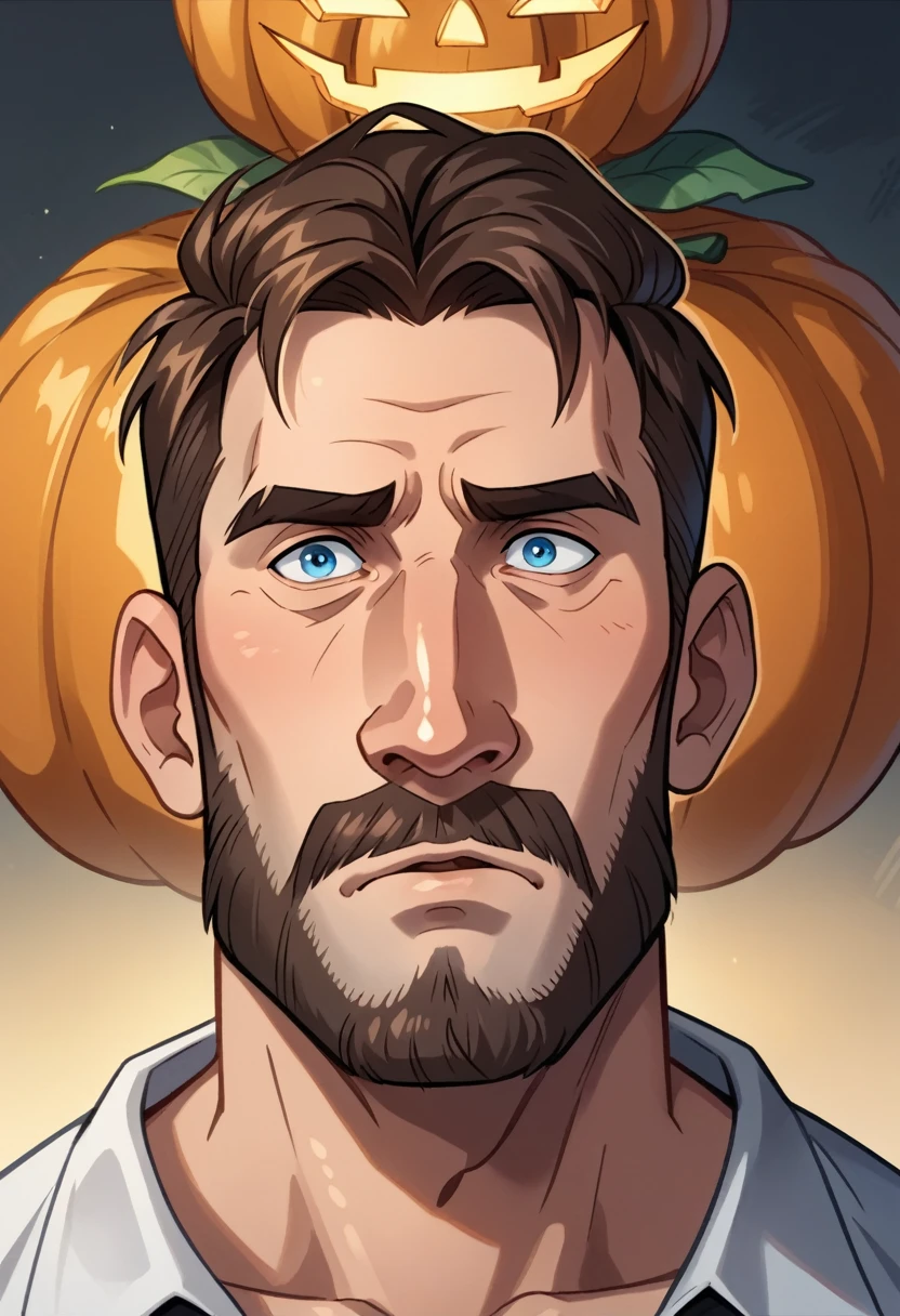 Male in his 40s, Abundant bangs, Short side hair, bushy beard, developed cheekbones, Dark eyebrows, Eyebrows that are close to a straight line, A large nose, wide and big at the bottom, shaped like a pumpkin., developed jaw, Chubby cheeks, bushy beard, Long, horizontally extended mustache, blue eyes, developed trapezius muscles, muscular male, Warrior costume for fantasy games, calm eyes, Soft and warm feeling 3D, Gentle and wide-eyed, A slightly worried expression, Proportional to the robust physique of an average person, Close-up of the face, Triangular ears with a pointed tip in the middle,