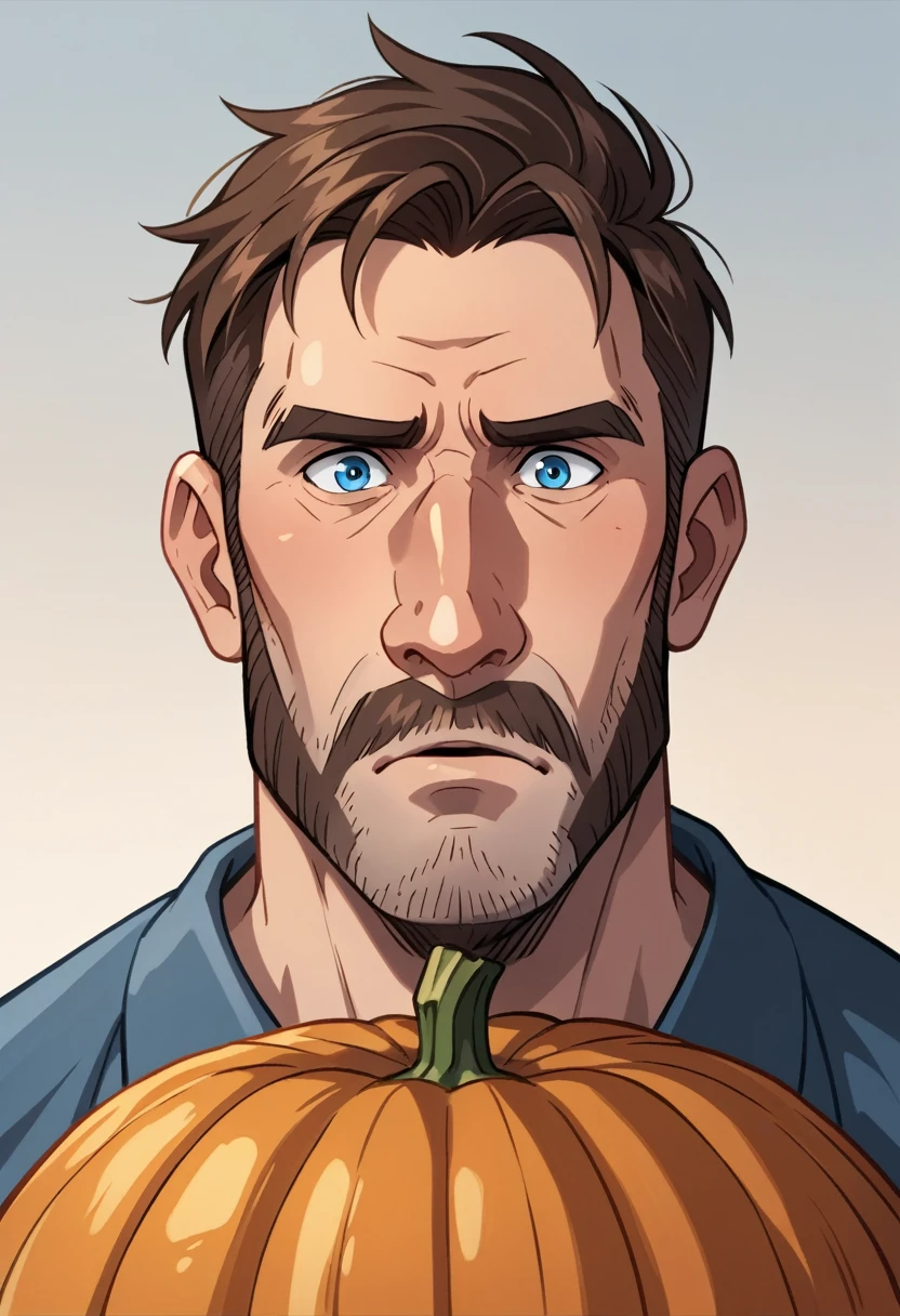 Male in his 40s, Abundant bangs, Short side hair, bushy beard, developed cheekbones, Dark eyebrows, Eyebrows that are close to a straight line, A large nose, wide and big at the bottom, shaped like a pumpkin., developed jaw, Chubby cheeks, bushy beard, Long, horizontally extended mustache, blue eyes, developed trapezius muscles, muscular male, Warrior costume for fantasy games, calm eyes, Soft and warm feeling 3D, Gentle and wide-eyed, A slightly worried expression, Proportional to the robust physique of an average person, Close-up of the face, Triangular ears with a pointed tip in the middle,