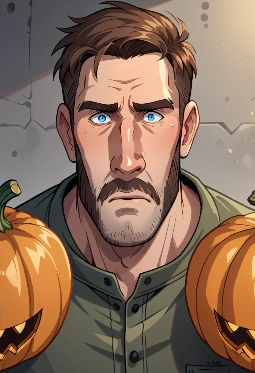 Male in his 40s, Abundant bangs, Short side hair, bushy beard, developed cheekbones, Dark eyebrows, Eyebrows that are close to a straight line, A large nose, wide and big at the bottom, shaped like a pumpkin., developed jaw, Chubby cheeks, bushy beard, Long, horizontally extended mustache, blue eyes, developed trapezius muscles, muscular male, Warrior costume for fantasy games, calm eyes, Soft and warm feeling 3D, Gentle and wide-eyed, A slightly worried expression, Proportional to the robust physique of an average person, Close-up of the face, Triangular ears with a pointed tip in the middle,