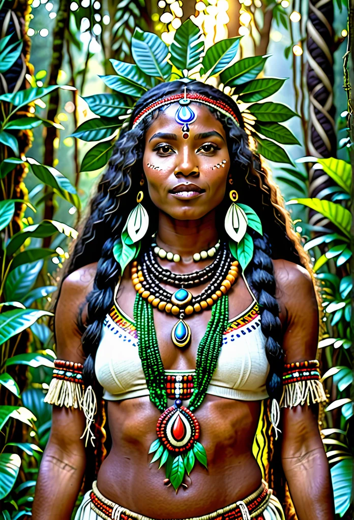 (((A beautiful cabocla Jurema, a spiritual female entity from Afro-Brazilian religious traditions, with long dark flowing hair, detailed facial features, slight smile, one eye half-closed, wearing traditional indigenous jewelry and clothing, standing in a lush forest landscape with medicinal plants, serene and powerful expression,ultra-detailed,4k,8k,highres,masterpiece:1.2),ultra-detailed,(realistic,photorealistic,photo-realistic:1.37),intricate details,volumetric lighting,dramatic lighting,lush foliage,natural textures,indigenous,spiritual,mystical,ethereal,warm color palette)