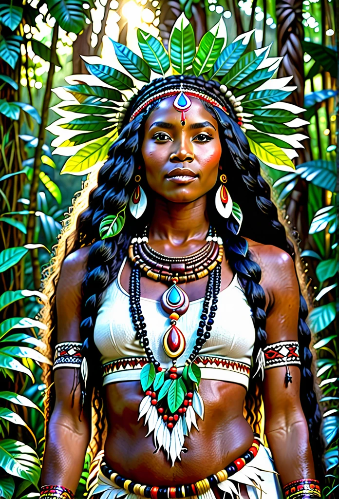 (((A beautiful cabocla Jurema, a spiritual female entity from Afro-Brazilian religious traditions, with long dark flowing hair, detailed facial features, slight smile, one eye half-closed, wearing traditional indigenous jewelry and clothing, standing in a lush forest landscape with medicinal plants, serene and powerful expression,ultra-detailed,4k,8k,highres,masterpiece:1.2),ultra-detailed,(realistic,photorealistic,photo-realistic:1.37),intricate details,volumetric lighting,dramatic lighting,lush foliage,natural textures,indigenous,spiritual,mystical,ethereal,warm color palette)