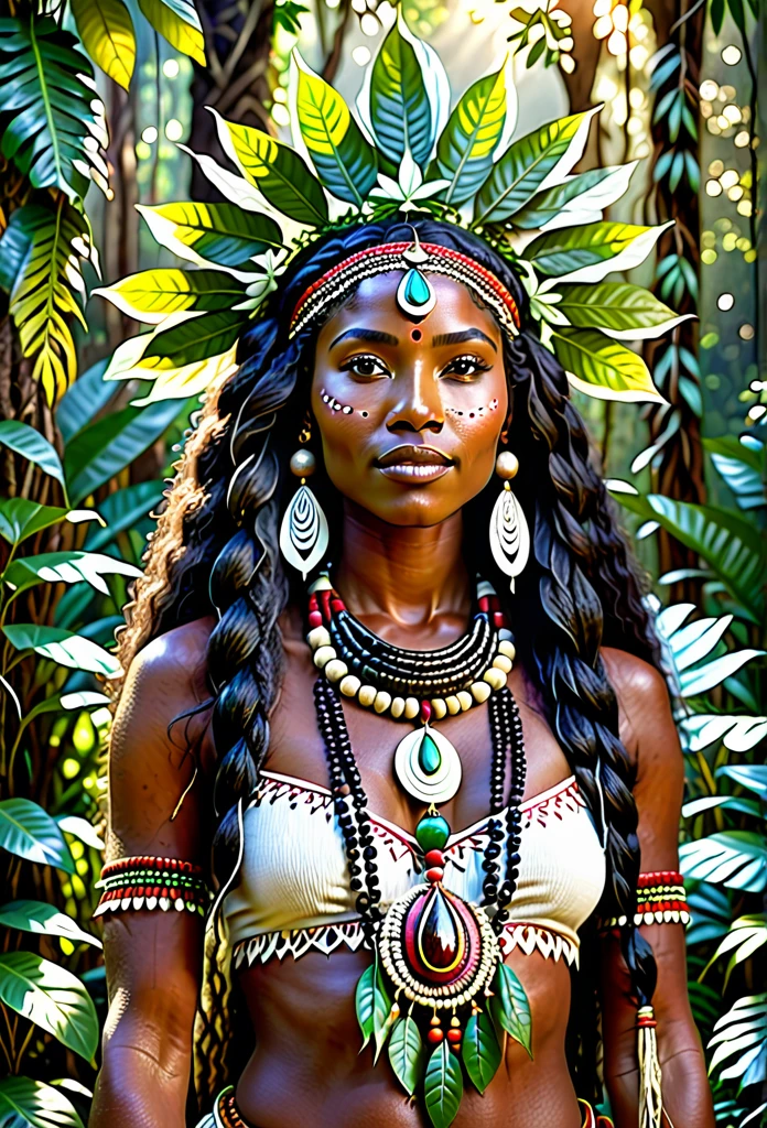 (((A beautiful cabocla Jurema, a spiritual female entity from Afro-Brazilian religious traditions, with long dark flowing hair, detailed facial features, slight smile, one eye half-closed, wearing traditional indigenous jewelry and clothing, standing in a lush forest landscape with medicinal plants, serene and powerful expression,ultra-detailed,4k,8k,highres,masterpiece:1.2),ultra-detailed,(realistic,photorealistic,photo-realistic:1.37),intricate details,volumetric lighting,dramatic lighting,lush foliage,natural textures,indigenous,spiritual,mystical,ethereal,warm color palette)