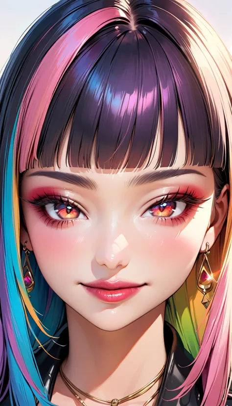 (8k、highest quality、masterpiece:1.2)、very detailed、super resolution、realistic、pastel colour、rainbow hair、earrings、eyelash、grin、a...