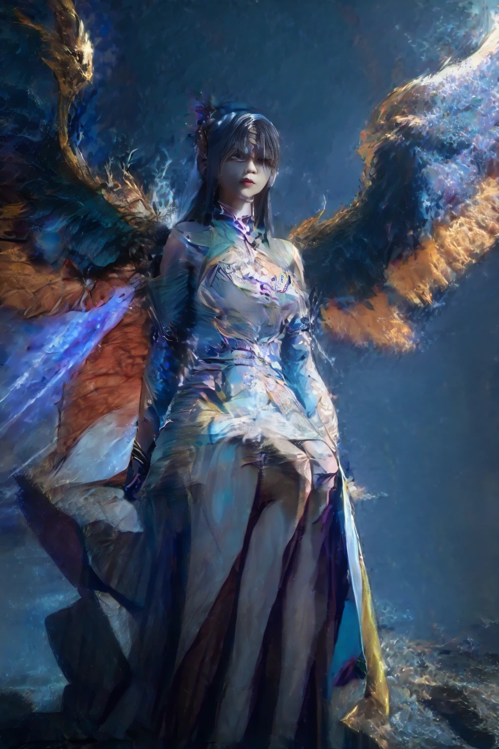 Close-up：A woman sits on a rock.，Four wings on the back, author：Yang J, Majestic Angel, IG model | Artistic Germ, Young fair angel, Fan Art Best Artstation, 2. 5D CGI anime fantasy artwork, Fantasy art style, ruan jia and Artistic Germ, digital fantasy art ), Full body fairy