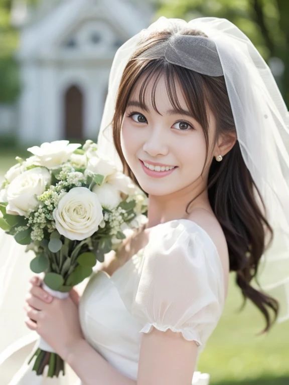 Photo-realistic quality、a woman in a Wedding dress holding a bouquet of flowers、Standing in front of the church、20 year old Japanese model、白のWedding dress,Hanae Mori style wedding dress、Japan idols at 20 years old、lace prom dresses、looking at the camera、Detailed and beautiful eyes、Cute smile、Relaxed and gentle expression、a close up of a woman in a Wedding dress holding a bouquet, Wedding dress, So magical and dreamy、Blur the background a lot、300ｍｍ F2.Shot with 8 lenses