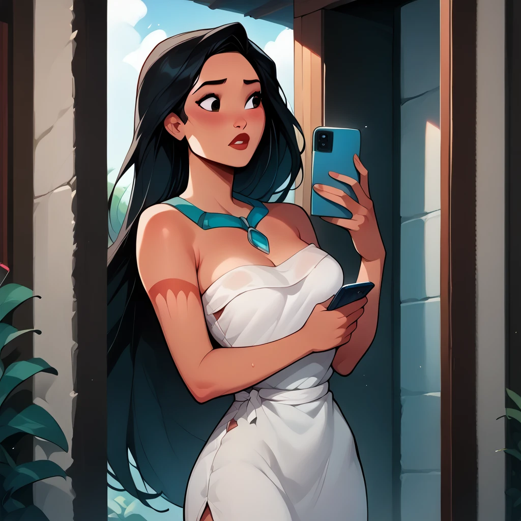 score_9_presence, score_8_up, Pocahontas, wrapped in towel, medium breasts, holding phone
