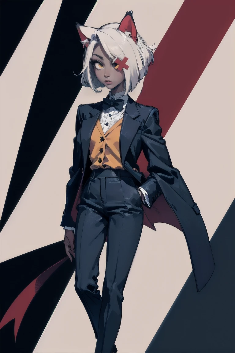 Solo Female,Furry,Tuxedo cat,Black short hair,yellow eyes,A navy blue jacket,Dark red trousers,a tie