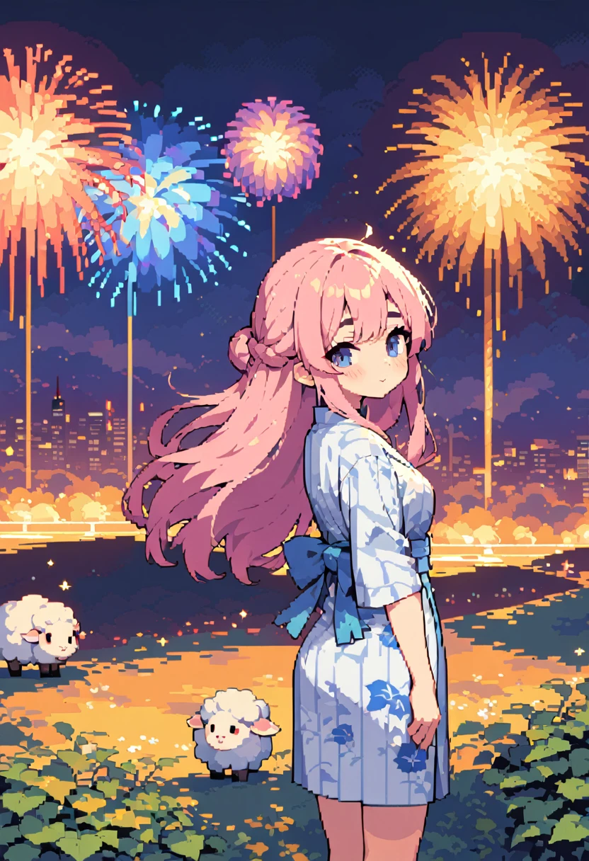 masterpiece, Highest quality, 8k, Pixel art, Pixel art, Vivid, Sheep, woman, 若いwoman, cute, Turning his back, Directed at an angle, Fluffy hair, Long Hair, Hair like sheep's hair, Pink Hair, eyebrow, 太いeyebrow, A yukata with a morning glory pattern, Fireworks display, Fireworks are going off, Large-flowered fireworks, night, From the top of the hill