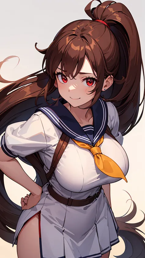 1girl, hands on own hips,huge tits,sailor uniform,brown hair,long high pony tail,red eyes, bullish smile,((front view)),morning,...