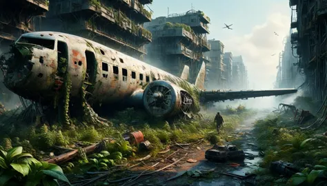 a vivid and detailed description of a dystopian sci-fi landscape with a huge, ruined vertical metropolis. the collapsed boeing. ...