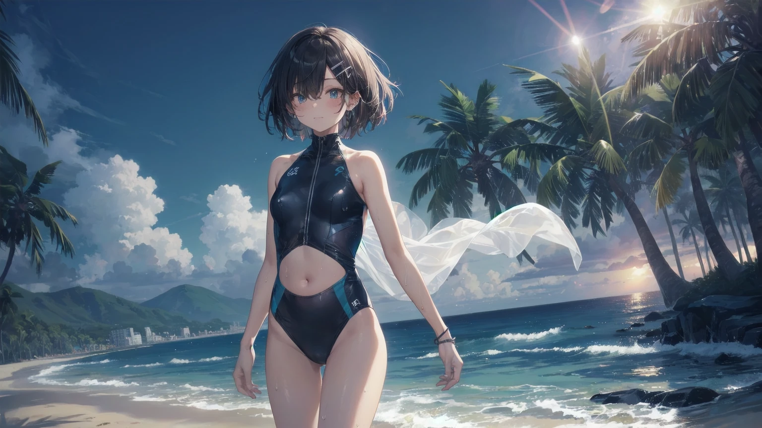 Highest quality, Anime Moe Art Style,Best Anime 8K Konachan Wallpaper,pixiv Contest Winner,Perfect Anatomy, break,(Please draw a picture of a girl in a Swimwear walking on the beach.),break, One is an unlucky beautiful girl.,(alone,in addition,,14 years old:1.3),,Complete limbs, Full Finger,  short hair, amount, (Hair on one eye:1.4),Small breasts, Small Ass, Beautiful attention to detail, Well-proportioned pupils,Between the legs, Wet, Glowing Skin, Cowboy Shot, Hair Clip, Swimwear, At the Beach.break,Very detailed,High resolution,Very detailed肌, 
Optimal lighting with AI, shape,