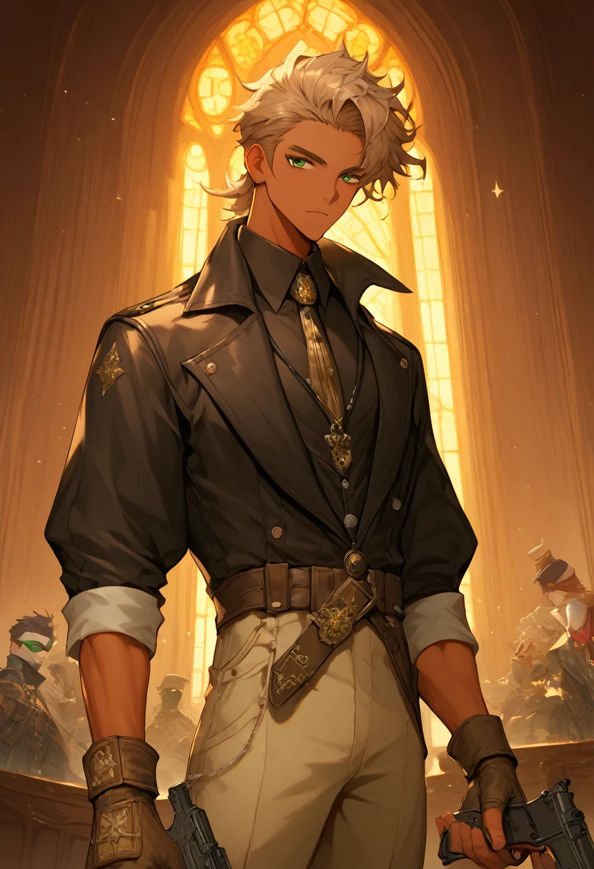 masterpiece, expressive eyes, perfect face, best quality, 1boy, male focus, solo focus, Adult, Gunslinger, gun sling, Green eyes, tanned skin, cropped hair, clean hair, wavy hair, light brown hair, rolled up sleeves, black collared shirt, combat boots, combat pants, Soldier, Church belfry, mask, fingerless gloves, bloodbourne, black capelet
