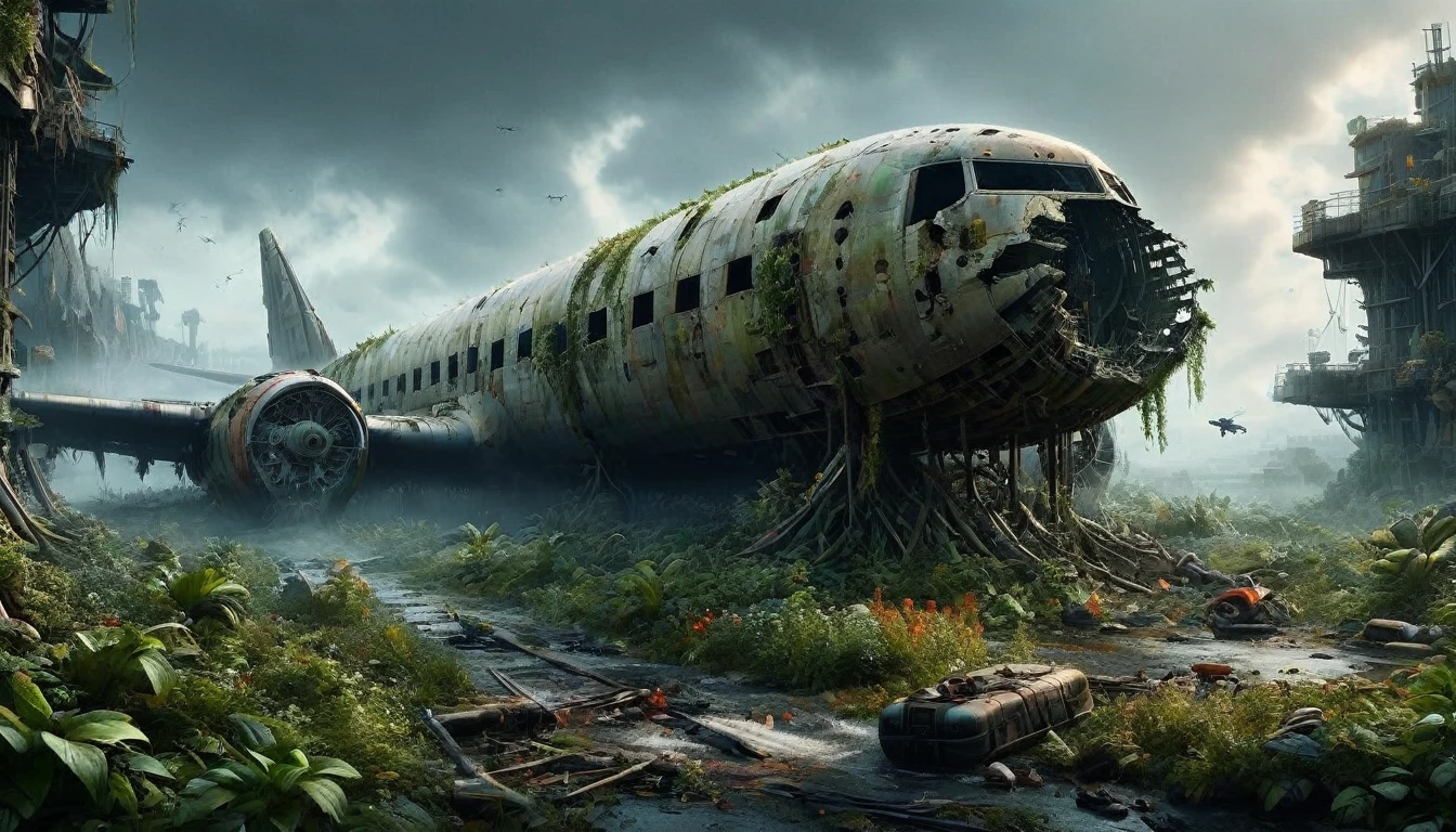 A vivid and detailed description of a dystopian sci-fi landscape with a huge, ruined vertical metropolis. The collapsed Boeing. The cityscape should contain magnificent, crumbling stone buildings of complex design. Including a huge vertical cityscape, it seems to be a mixture of ancient and futuristic elements. It also describes the abandoned technology scattered throughout the city, such as tangled wires and huge broken computers, a passenger plane covered in moss. Finally, it conveys a sense of despair and desolation through words, creating a sense of desolation and grandeur. The language should be rich, descriptive and stimulating.“Create an animation of an abandoned metropolis (New York City) (2022) in the style of Jakub Rozalski * rusty airplane, overgrown with moss, showing signs of decay * Intricate details, including texturing and modeling, in ultra-high quality * Render the scene in 8K resolution with extreme attention to detail The metropolis (New York City) should be overgrown with lush greenery, vines and flowers, bridges covering buildings and streets. Rusty cars should be in various states of disrepair, with visible corrosion and oxidation. Include subtle lighting and atmospheric effects to create a sense of depth and immersion. Deliver a detailed, seamless, and high-quality 3D animation that meets these requirements.”